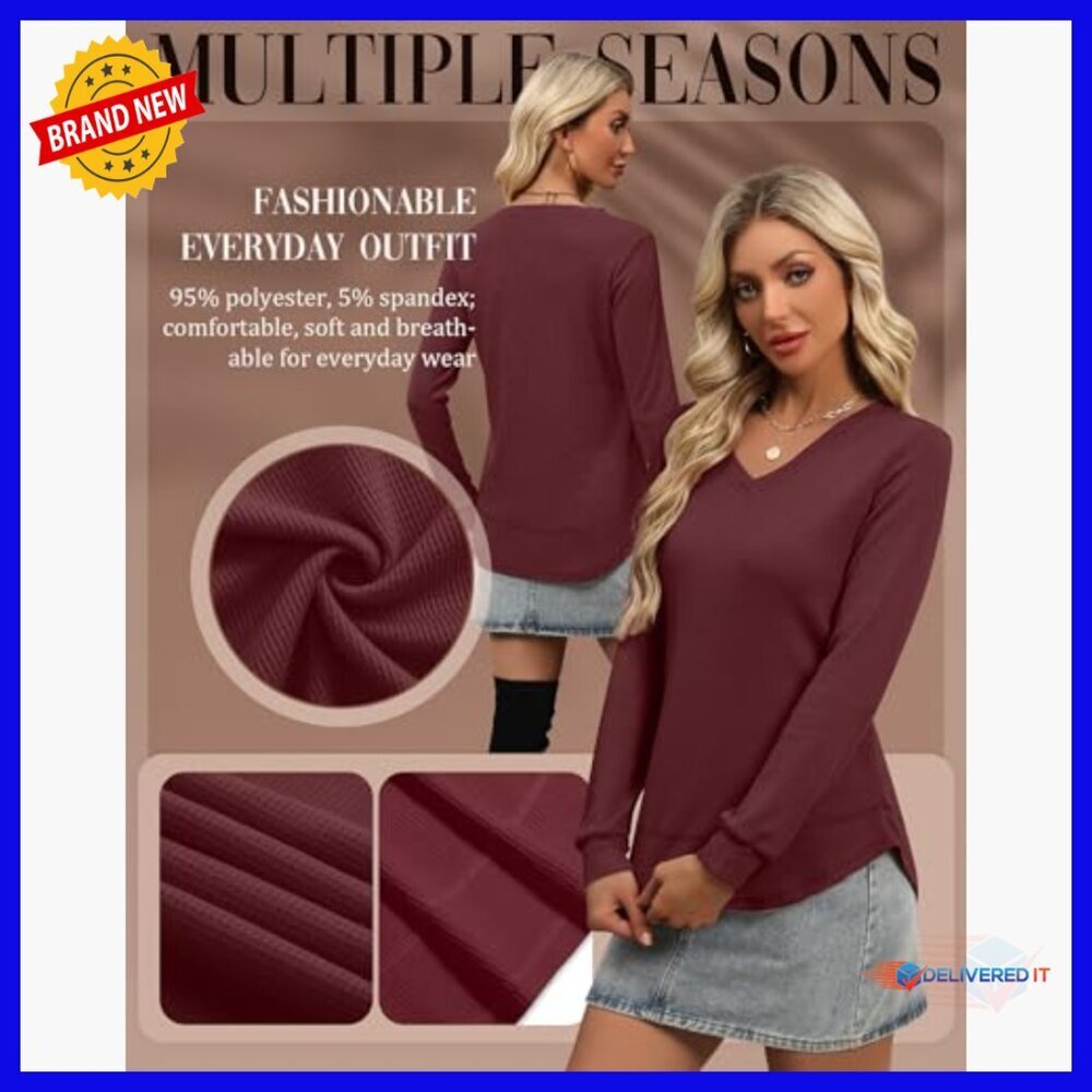 3 Pack Waffle Knit Tunic Tops Long Sleeve V Neck Loose Fit Sweatshirts - Picture 5 of 5